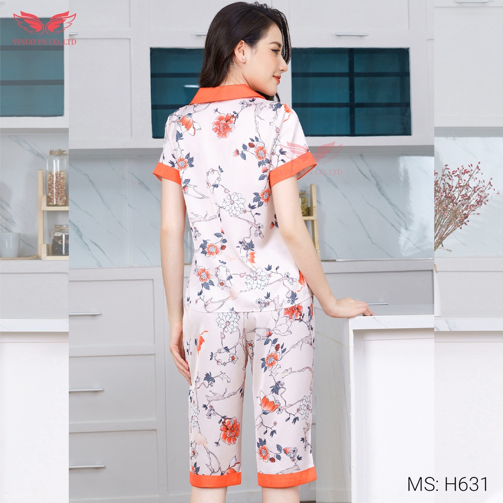 Đồ bộ nữ pijama lụa Pháp mềm mát mặc nhà mùa Hè VINGO tay cộc quần lửng họa tiết hoa màu cam thanh lịch H631 VNGO