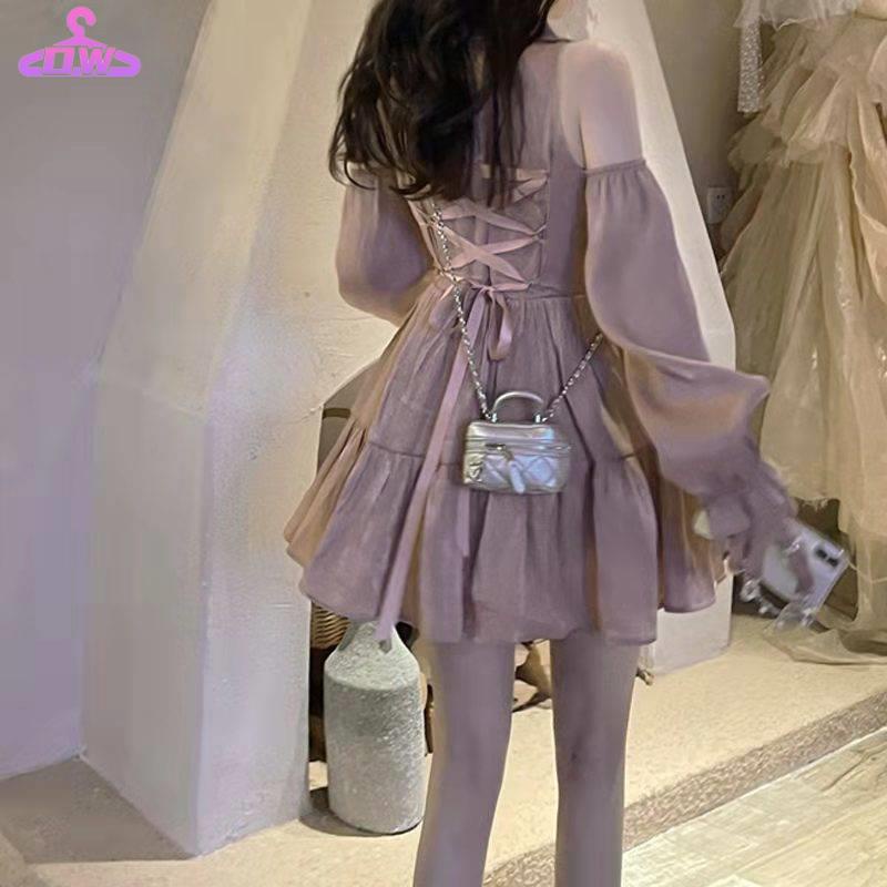Váy babydoll Đầm Cổ POLO Tay Dài Hở Vai Dáng Ôm Thời Trang Mùa Thu 2021