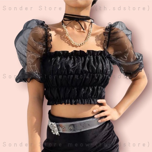 Áo croptop phi lụa tay ngắn phối lưới năng động, sexy mặc được nhiều kiểu