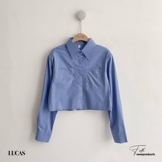 Áo sơ mi xanh cổ đức tay bồng dài dáng croptop lửng