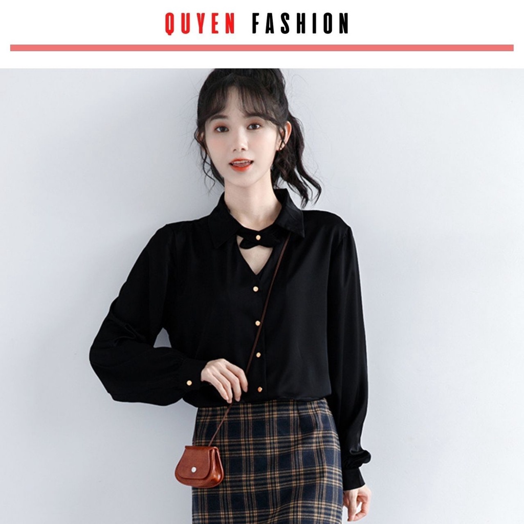Áo sơ mi công sở kiểu dáng hàn quốc tay tiểu thư phồng Quyên Fashion AA557 màu đen cá tính