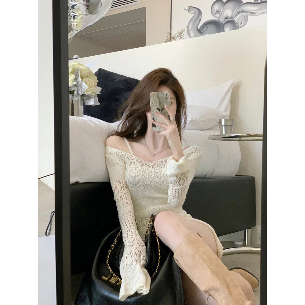 LALISAS Đầm Dệt Kim Mỏng Hở Eo Thời Trang Hàn Quốc Cho Nữ