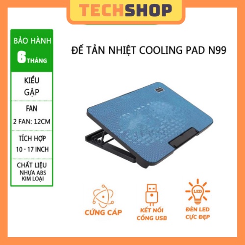 Đế tản nhiệt laptop máy tính macbook N99 COOLING PAD,Đế giá đỡ 2 quạt đèn led, nâng 45 độ 17 inch làm mát cực nhanh