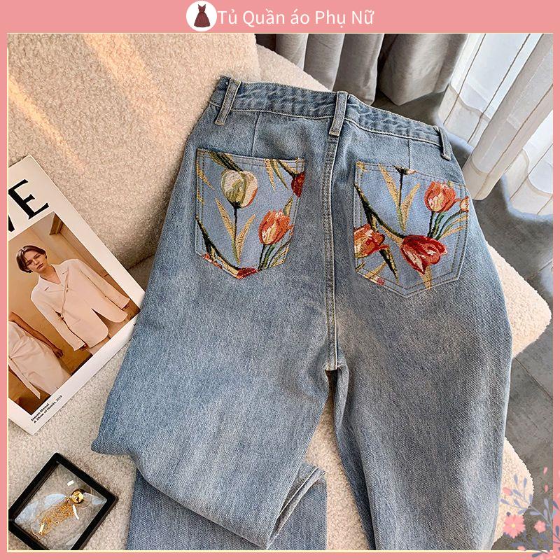 Qu gotn jean > su su Ng n > L > High 2022 Quần jean Ống Rộng Lưng cao In Họa Tiết Phong Cách Retro Mùa Xuân Mới Cho Nữ