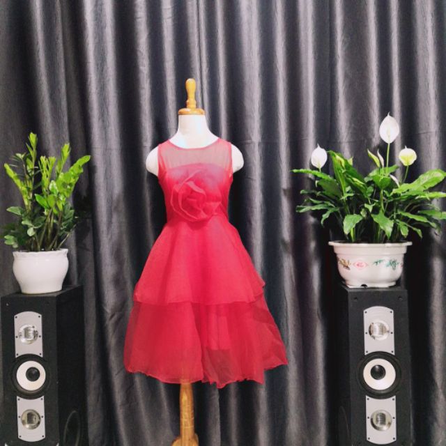Hình Thật Đầm Công Chúa Dạng Tầng Đính Hoa Hồng Bự Trước Ngực Chất Lưới (Hồng, Đỏ, Trắng, Đen)