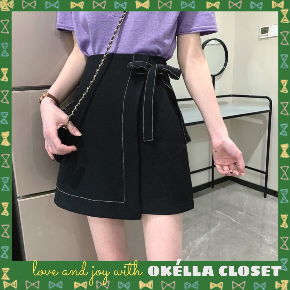 Chân váy chữ A cạp cao trơn chỉ nổi có nơ buộc ngắn nữ eo cao ôm dáng