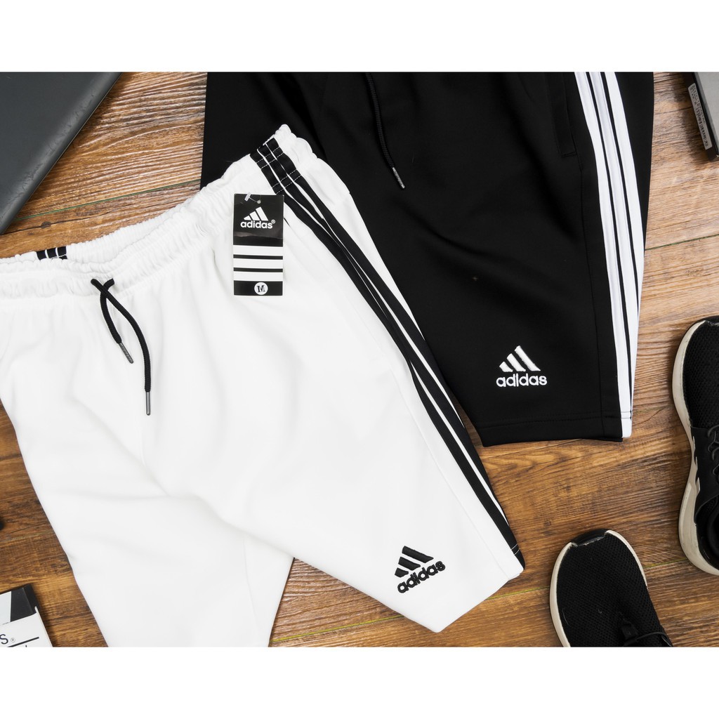 Quần đùi tập gym nam ba sọc logo adidas núi hai màu trắng đen chất liệu thun poly cực đẹp [ảnh thật]