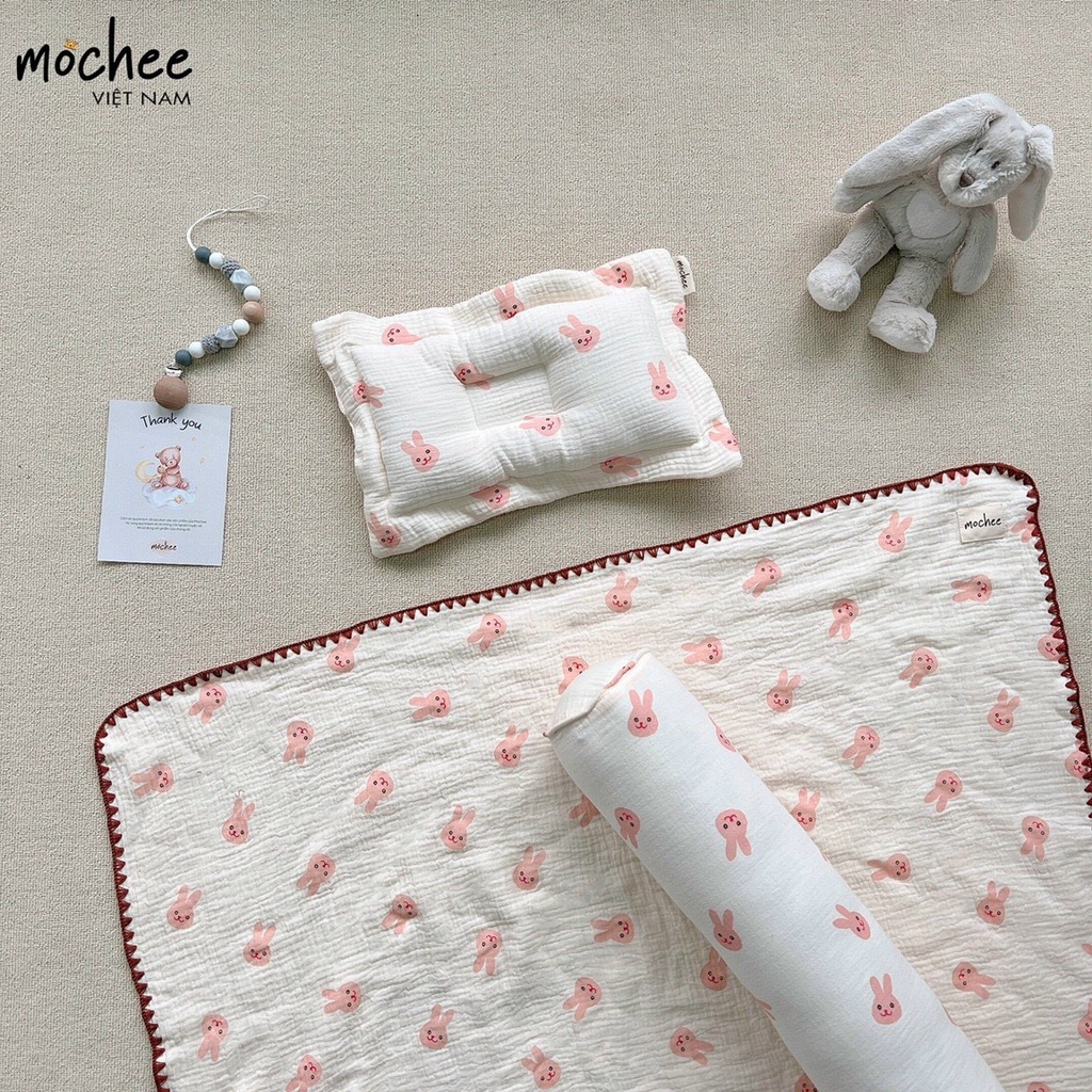 Chăn xô cho bé Mochee kèm gối 100x115cm, chăn xô muslin họa tiết - Monnie Kids