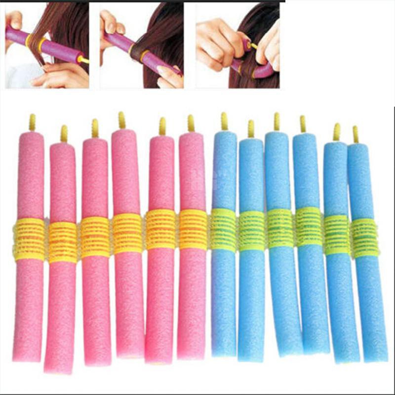 ❥HG*12 Soft Twist Soft Foam Bendy Hair Rollers Curlers Cling Strip