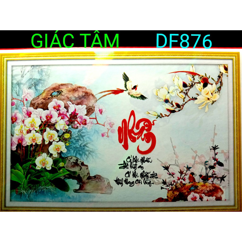 Tranh đá NHẪN - 75x50cm - DF876 - BÔNG HOA LAN ĐÁ CHIM TRÚC MAI ĐÀO CHỮ - tranh đá chưa làm - chưa gắn đá - chưa đính đá