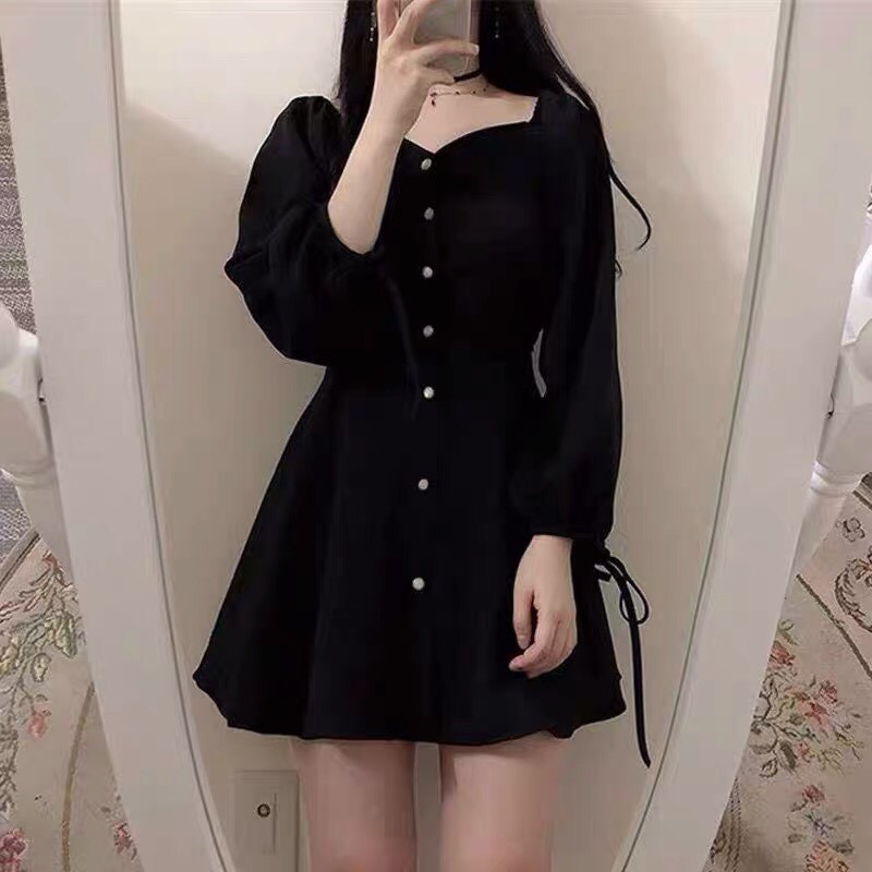 Đầm Nữ Đen Tay Phối Nơ Chất Đũi 🦋 Váy Nữ Dáng Lỡ Hàng Cúc Trước 🦋 | BigBuy360 - bigbuy360.vn