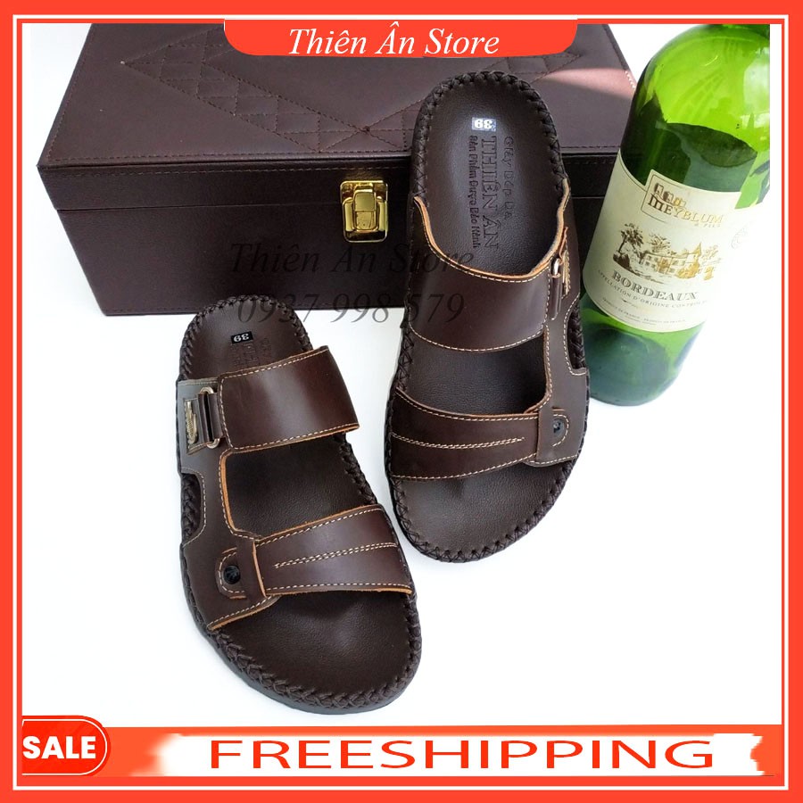 Dép nam quai ngang da bò đẹp đế cao 2,5cm thời trang MABLACKA D72