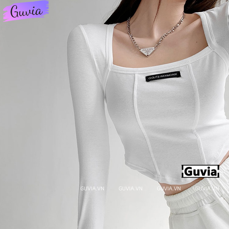 Áo Croptop Nữ Cổ Vuông Tay Dài LOGO NGỰC Đẹp Ôm Body, Áo Thun Croptop Kiểu Dài Tay GUVIA CR12