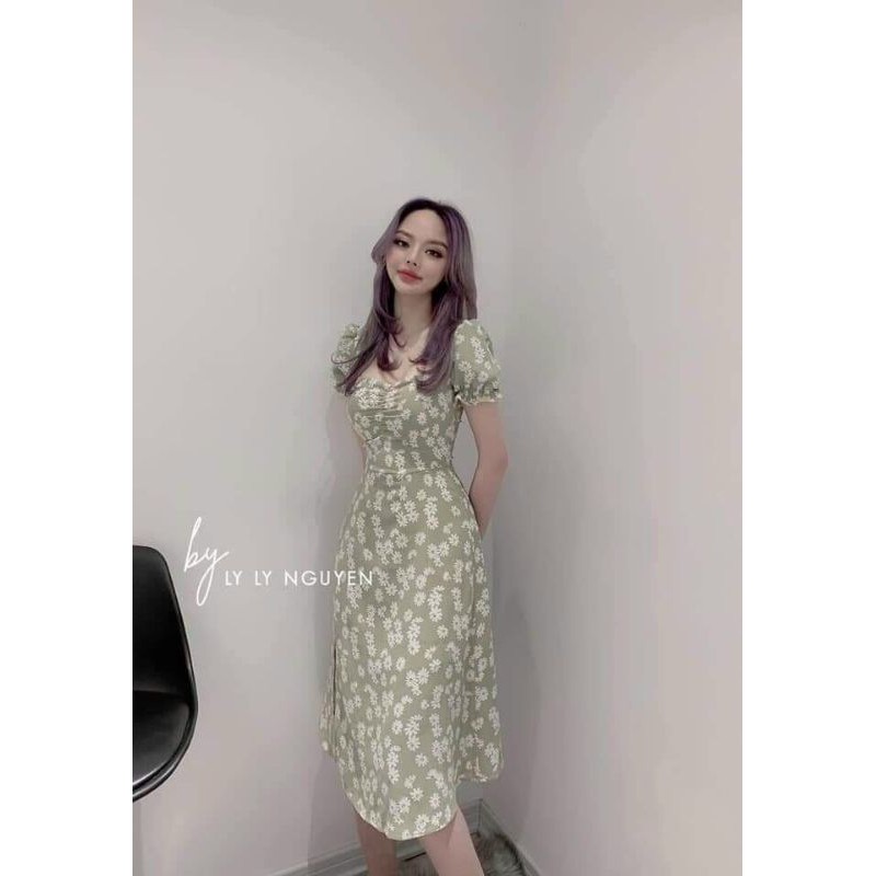Đầm xòe xẻ tà họa tiết cúc họa mi dễ thương