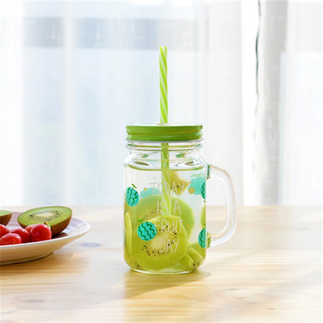 Cốc thủy tinh có nắp kèm ống hút, cốc thủy tinh có quai cầm dung tích 450ml | BigBuy360 - bigbuy360.vn