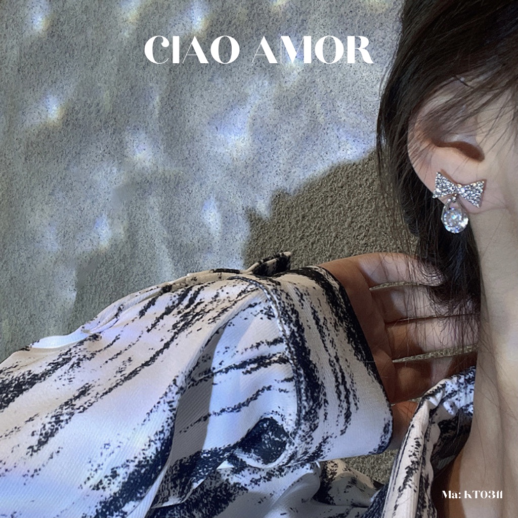 Khuyên tai nữ, Bông tai nữ nụ nơ bạc đính đá to dưới Trang sức Ciao Amor - KT0311