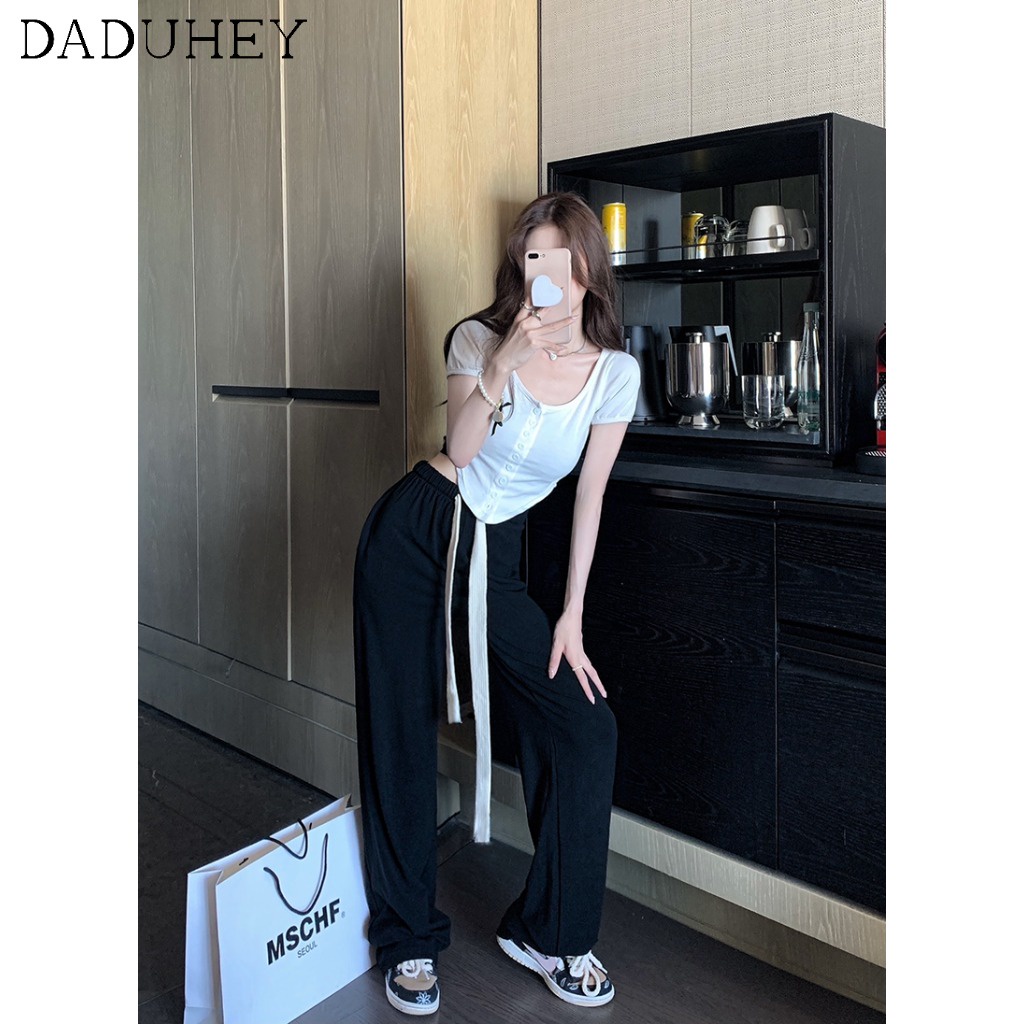 Daduhey Quần ống rộng màu đen phối dây rút thời trang dành cho nữ