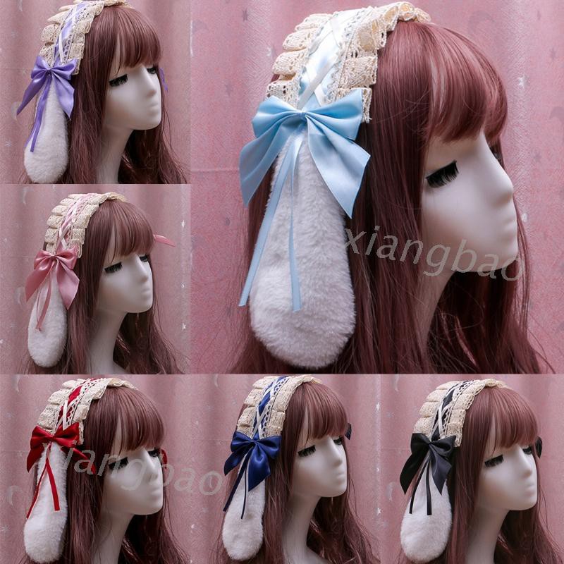 Băng đô ren kết hợp vải satin nơ nhún bèo phong cách Gothic Lolita Nhật Bản ngọt ngào 10MS
