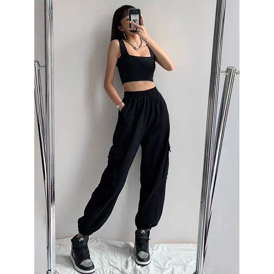 Quần jogger túi hộp nữ thể thao from rộng vải thun co giãn phong cách hàn quốc quần thể thao nữ ống rộng bo gấu