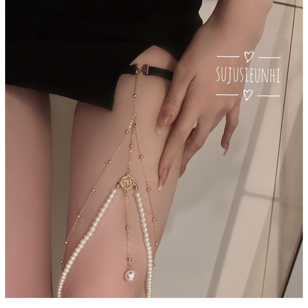 vòng choker chuỗi ngọc tua dài 2 lớp đeo đùi (co giãn thoải mái)