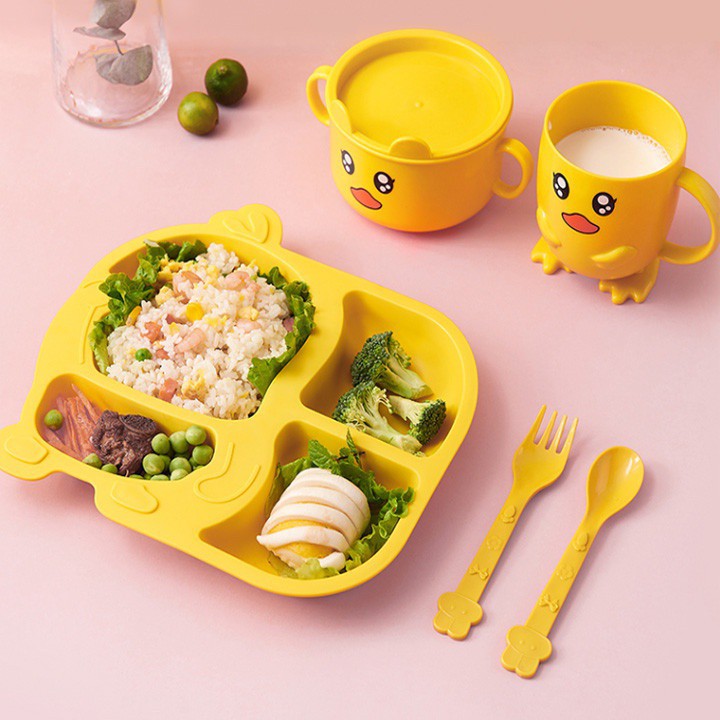 Bộ khay ăn dặm cho bé 4 Ngăn Kèm Bát Cốc Dĩa Và Thìa (bộ 5 món}