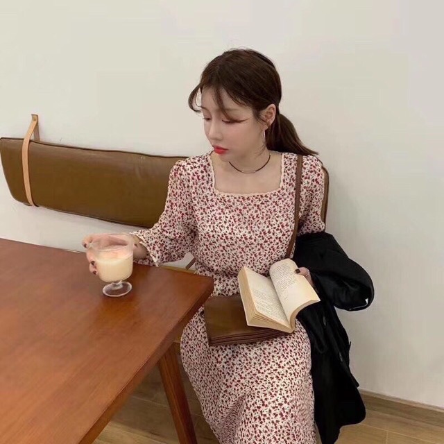 Đầm maxi hoa nhí cổ pha ren- hình thật | BigBuy360 - bigbuy360.vn