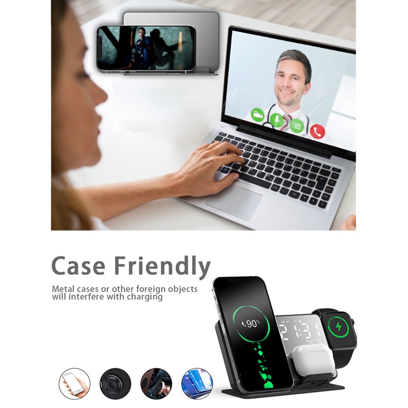 Bộ sạc nhanh không dây 4 trong 1 15W thích hợp cho IWatch iPhone 13/ 12/ 11 Pro/ Max/ Samsung Galaxy S10/ S10+