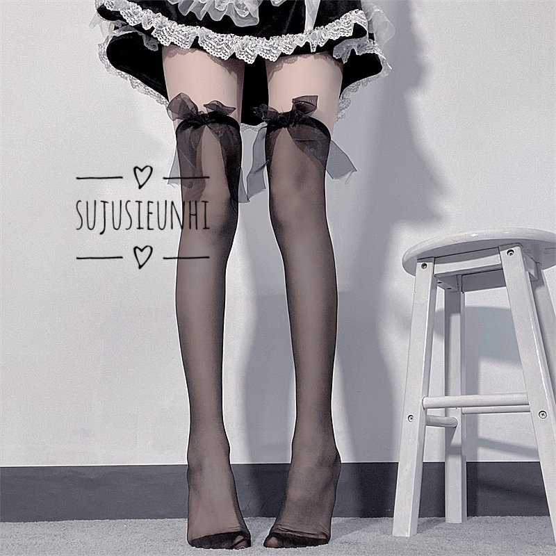 (2 màu) Tất/vớ đùi siêu mỏng đính nơ voan dáng dài lolita dễ thương
