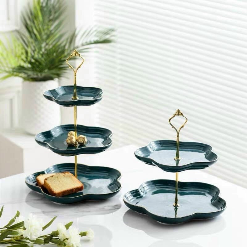 Khay sứ xanh cổ vịt hình hoa 2 tầng, 3 tầng đựng bánh kẹo