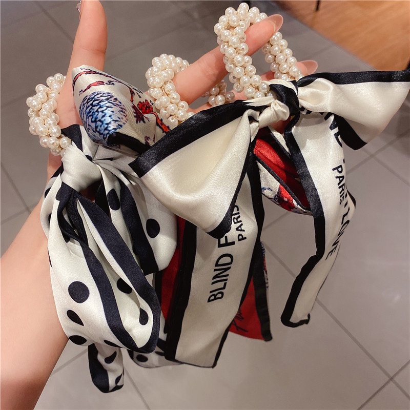 Dây buộc tóc ruy băng đính ngọc trai giả thời trang 2021 ins