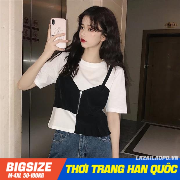 Áo thun Bigsize Áo croptop nữ Giả Hai tay ngắn cổ tròn mùa hè Phong cách Hàn Quốc Thời Trang tiểu thư cá tính xinh đẹp cho người mập béo