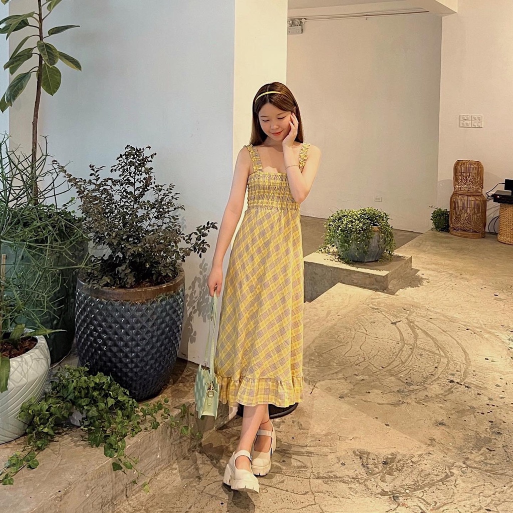 Váy 2 dây đầm dài kẻ nhún ngực đuôi bèo thiết kế Bonheur Tinker Dress