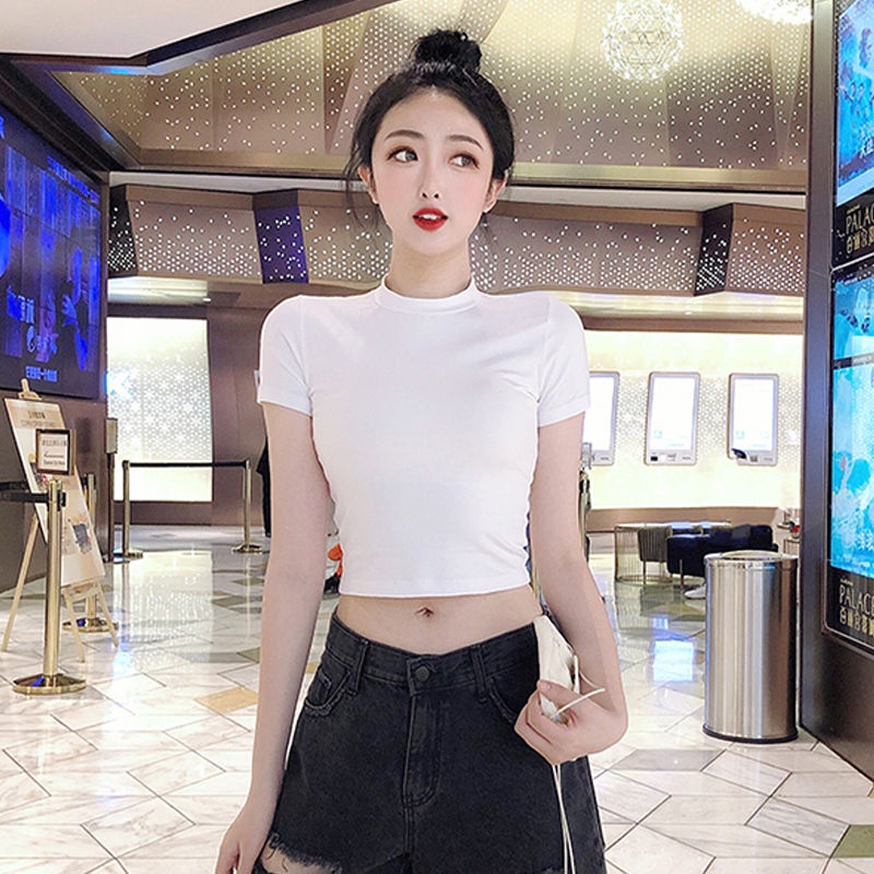 Áo Croptop dáng ôm bằng cotton màu trơn cổ cao tay ngắn phong cách quyến rũ ngọt ngào thời trang mùa hè dành cho nữ