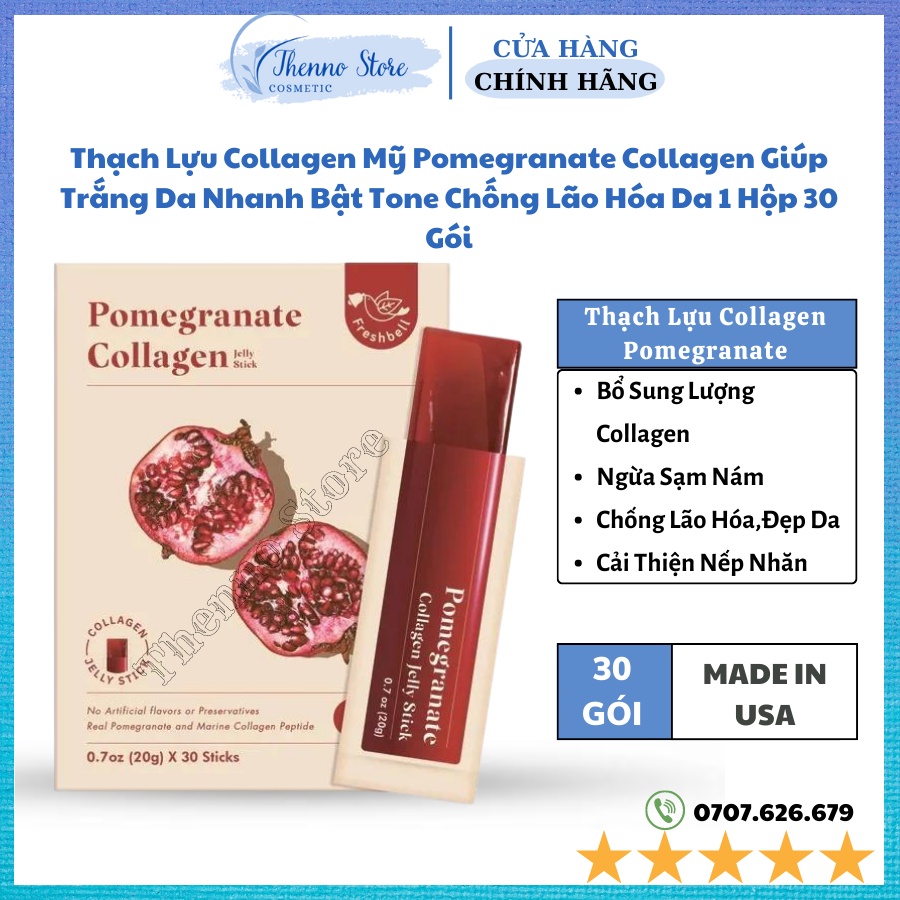 Thạch Lựu Collagen Mỹ Pomegranate Collagen Giúp Trắng Da Nhanh Bật Tone Chống Lão Hóa Da 1 Hộp 30 Gói