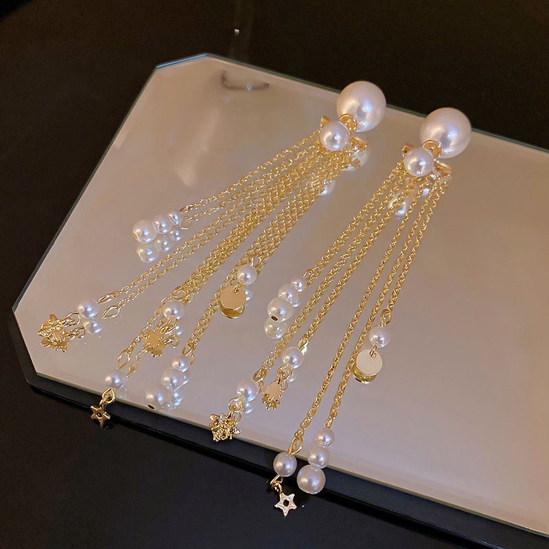 Bông Tai Bạc 925 Kiểu Dây Tua Dài Đính Ngọc Trai Thời Trang Sang Trọng