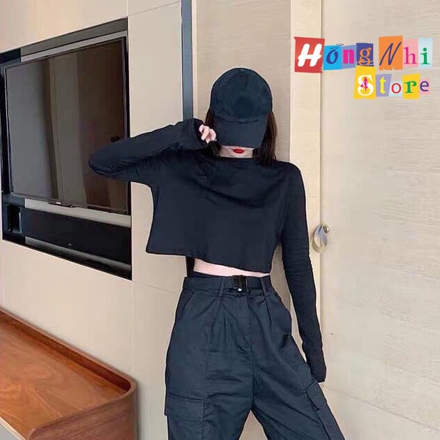 Áo Croptop Trơn Tay Dài Dáng Rộng Màu Đen Long Tee Ulzzang - MM