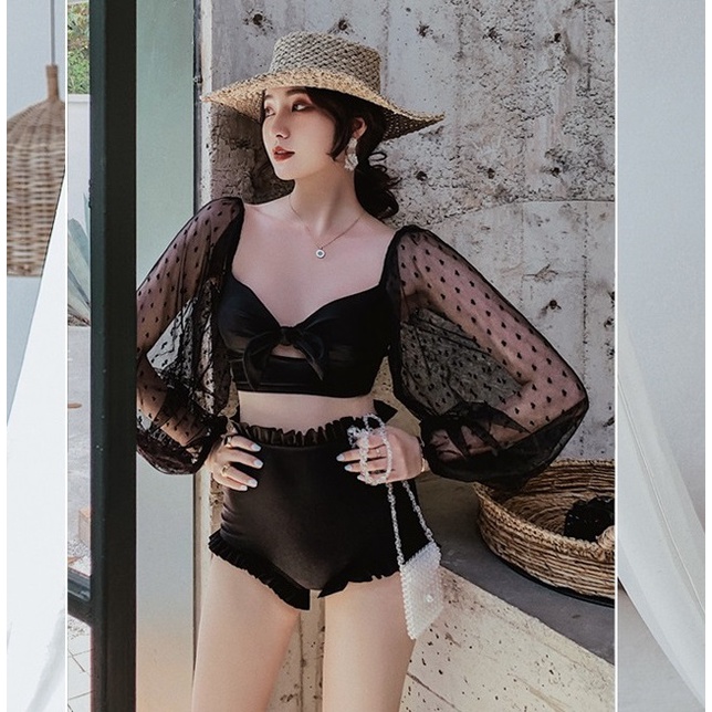 Bikini đồ bơi nữ tay ren hoa 3D cao cấp cạp cao che bụng R07