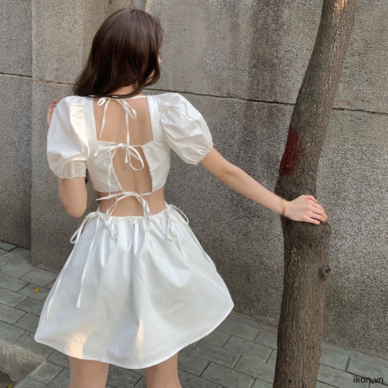 Đầm Mini Cổ Vuông Tay Phồng Màu Trơn Thời Trang Cho Nữ