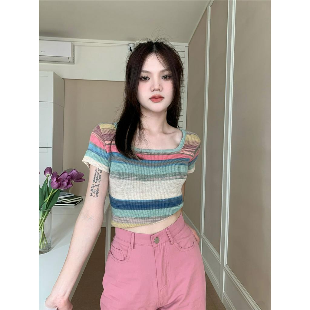 Áo sweater Mỏng Sáp Mềm Cổ Vuông Tay Ngắn Kẻ Sọc Màu Tương Phản Thời Trang Mùa Hè Cho Nữ