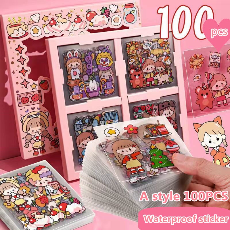 Mới! Set 100 Nhãn Dán Hoạt Hình Dễ Thương Chống Nước Trang Trí Sổ Tay DIY