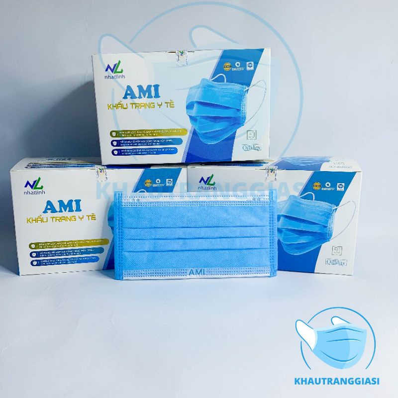 Khẩu trang y tế Ami giấy kháng khuẩn 4 lớp màu xanh hộp 50 chiếc