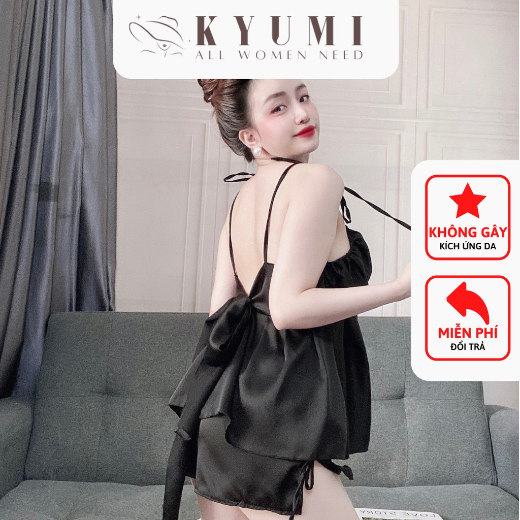 Đồ ngủ sexy đồ ngủ 2 dây xếp ly ngực cột nơ lưng KYUMI OFFICIAL, chất liệu lụa satin, freesize 40-65kg tùy chiều cao 031 | BigBuy360 - bigbuy360.vn
