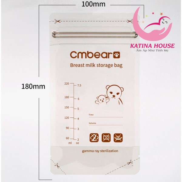 Túi trữ sữa 220ml Cmbear, tiệt trùng an toàn tuyệt đối, khóa zip tiện lợi, hộp 30 túi