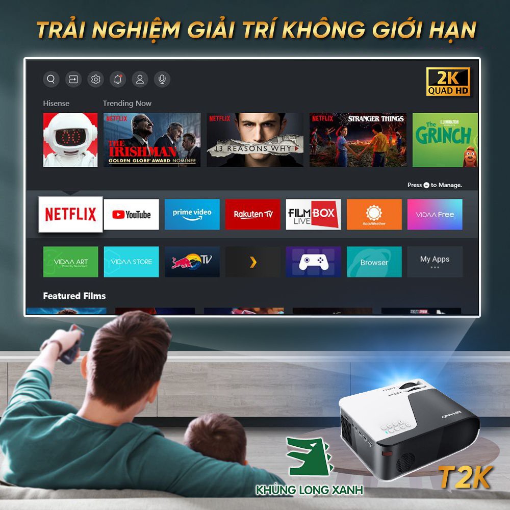 Máy chiếu Khủng Long Xanh T2K PRO tích hợp Android, Youtub, Netflix, Facebook, HDMI kết nối với laptop hỗ trợ FullHD.