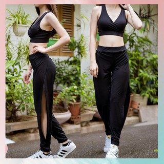 Bộ Tập Cao Cấp Quần Xẻ Áo Cổ Tim Black Tập Gym - Yoga - Zumba Lagomsport