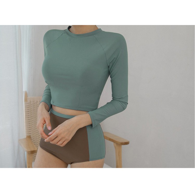 Bikini bộ đồ bơi nữ croptop 2 mảnh áo dài tay hai màu xanh và đen - Ảnh thật cuối | BigBuy360 - bigbuy360.vn