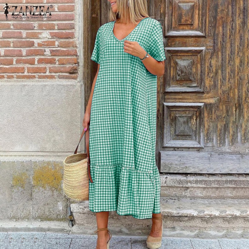 Đầm dáng rộng Zanzea tay ngắn cổ chữ v thời trang trẻ trung cho nữ
