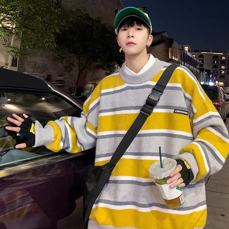 Áo sweater dệt kim kẻ sọc phong cách retro cho nam size M-2XL
