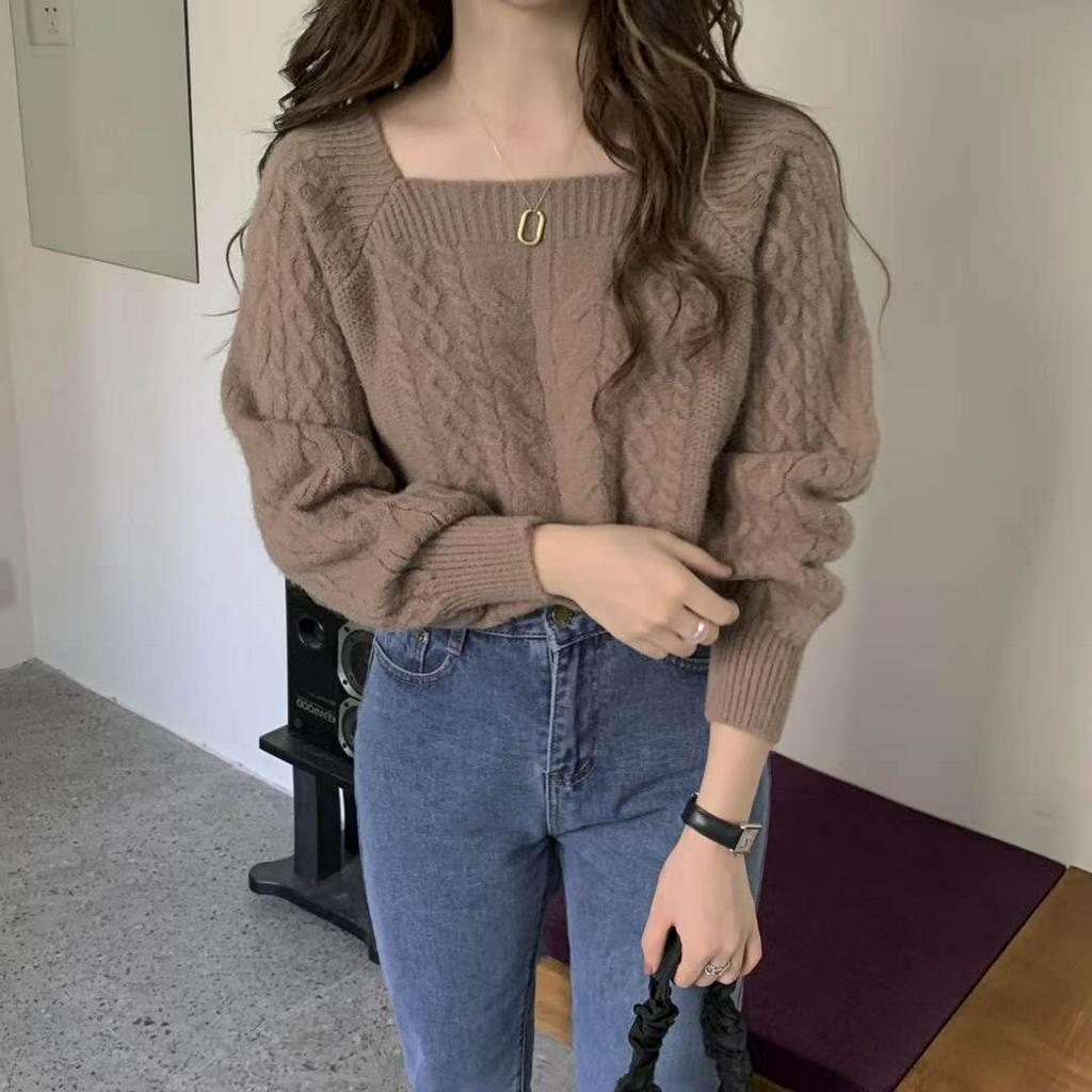 Áo Sweater Dệt Kim Tay Dài Cổ Vuông Dáng Rộng Màu Trơn Kiểu Hàn Quốc Thời Trang Thu Đông 2020
