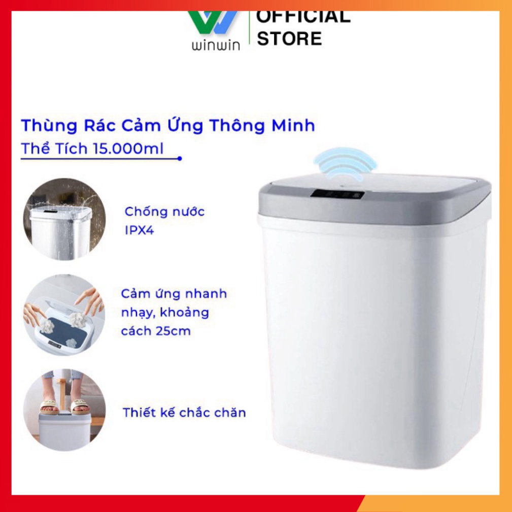 Thùng Rác Cảm Ứng Thông Minh Có Nắp Đóng Mở Tự Động - Thùng Rác Thông Minh CAO CẤP Thể Tích 15L - Nhựa PP Độ Bền Cao